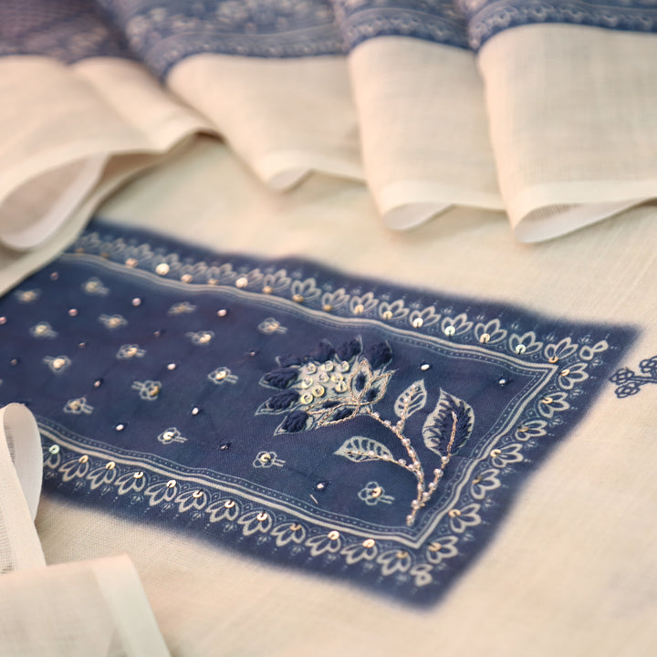 Beliya Beige with Blue Printed Yoke with Patra Floral Printed Cotton Linen Set