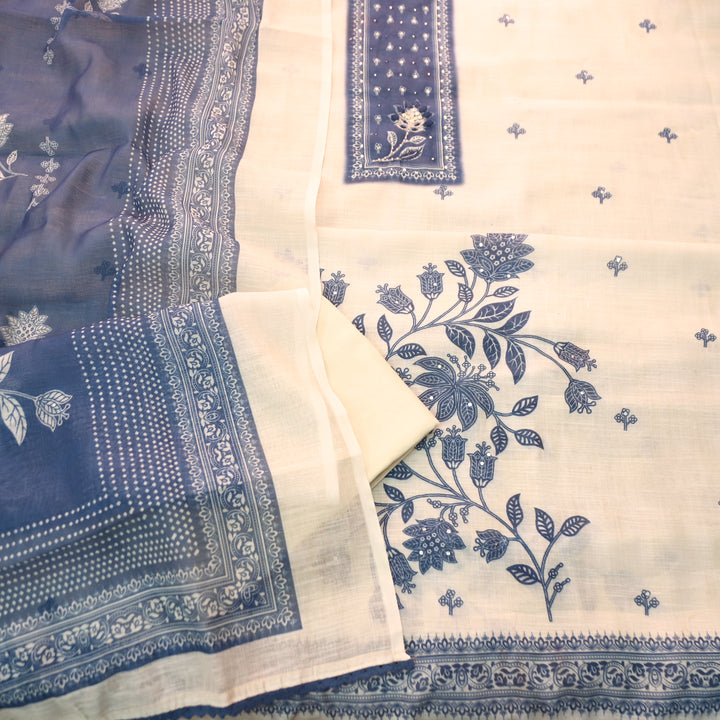 Beliya Beige with Blue Printed Yoke with Patra Floral Printed Cotton Linen Set