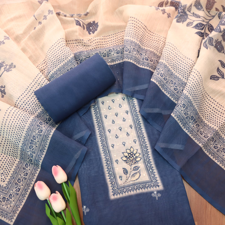 Beliya Blue with Beige Printed Yoke with Patra Floral Printed Cotton Linen Set