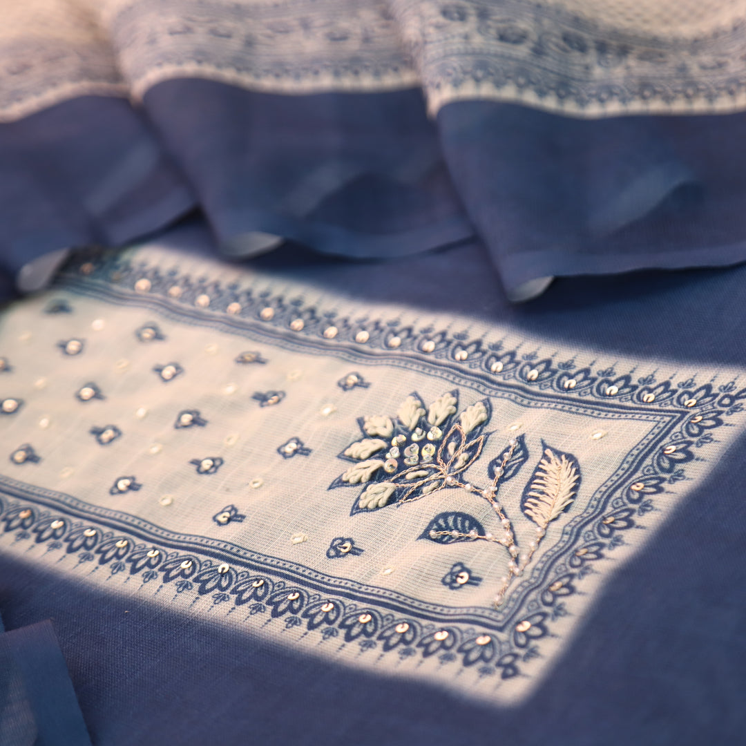 Beliya Blue with Beige Printed Yoke with Patra Floral Printed Cotton Linen Set