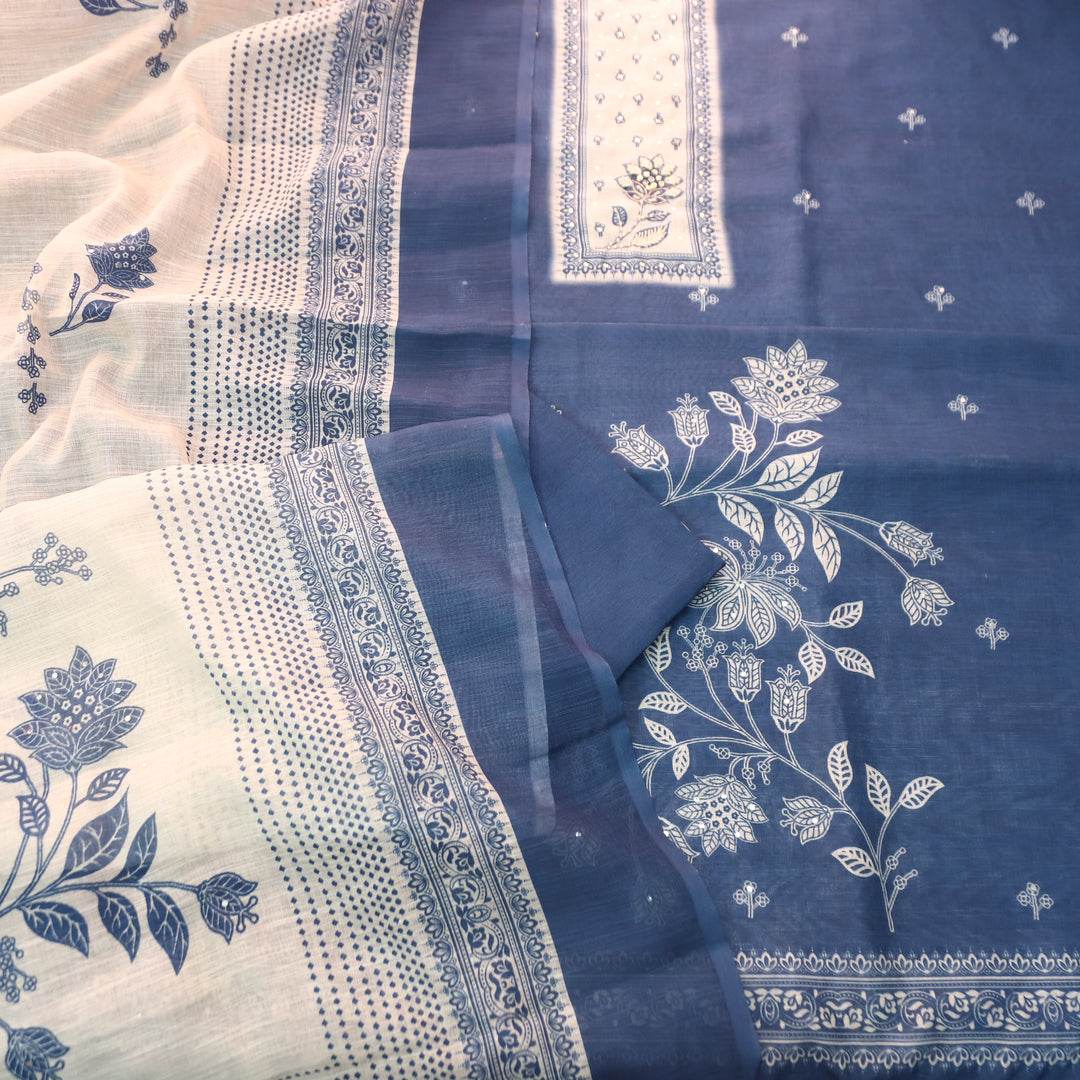 Beliya Blue with Beige Printed Yoke with Patra Floral Printed Cotton Linen Set