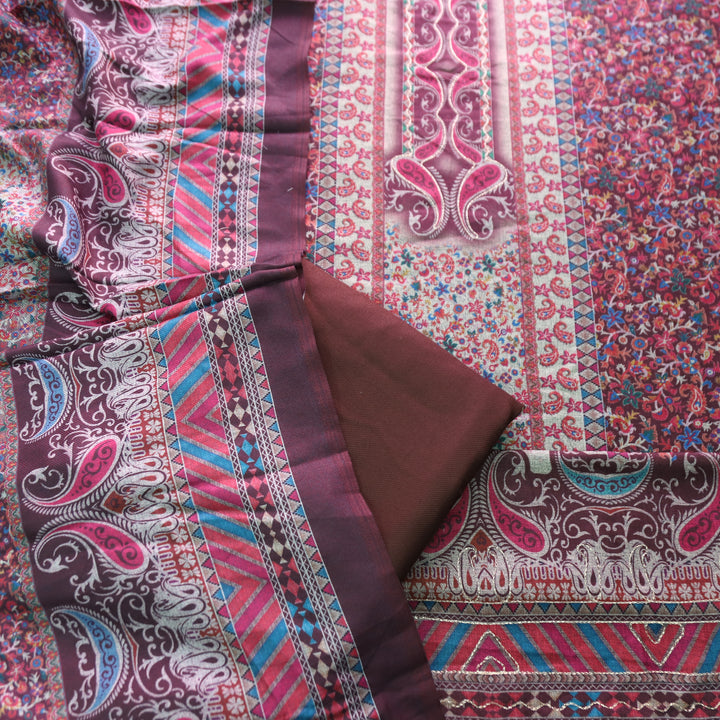 चित्रा Burgundy Wine Chain Style Zari work Paisely Printed Semi Pashmina Winter Set