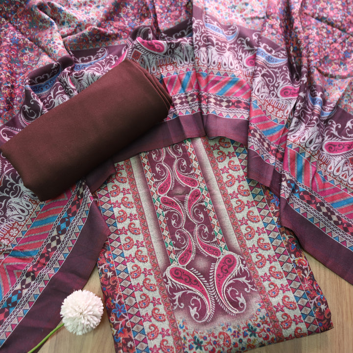 चित्रा Burgundy Wine Chain Style Zari work Paisely Printed Semi Pashmina Winter Set