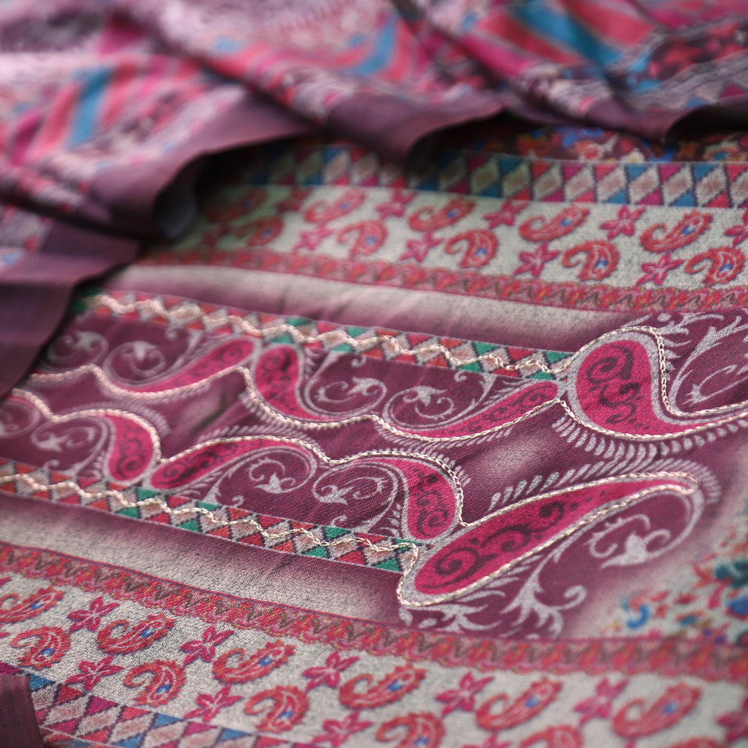 चित्रा Burgundy Wine Chain Style Zari work Paisely Printed Semi Pashmina Winter Set