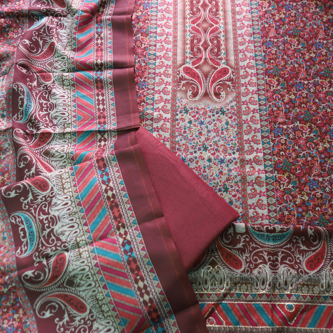 चित्रा Berry Maroon Chain Style Zari work Paisely Printed Semi Pashmina Winter Set