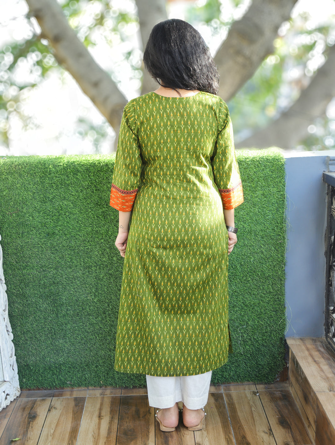 Kesariya Dark Green with Orange Yoke with Mirror Work Ikkat Printed Cotton Kurti D2