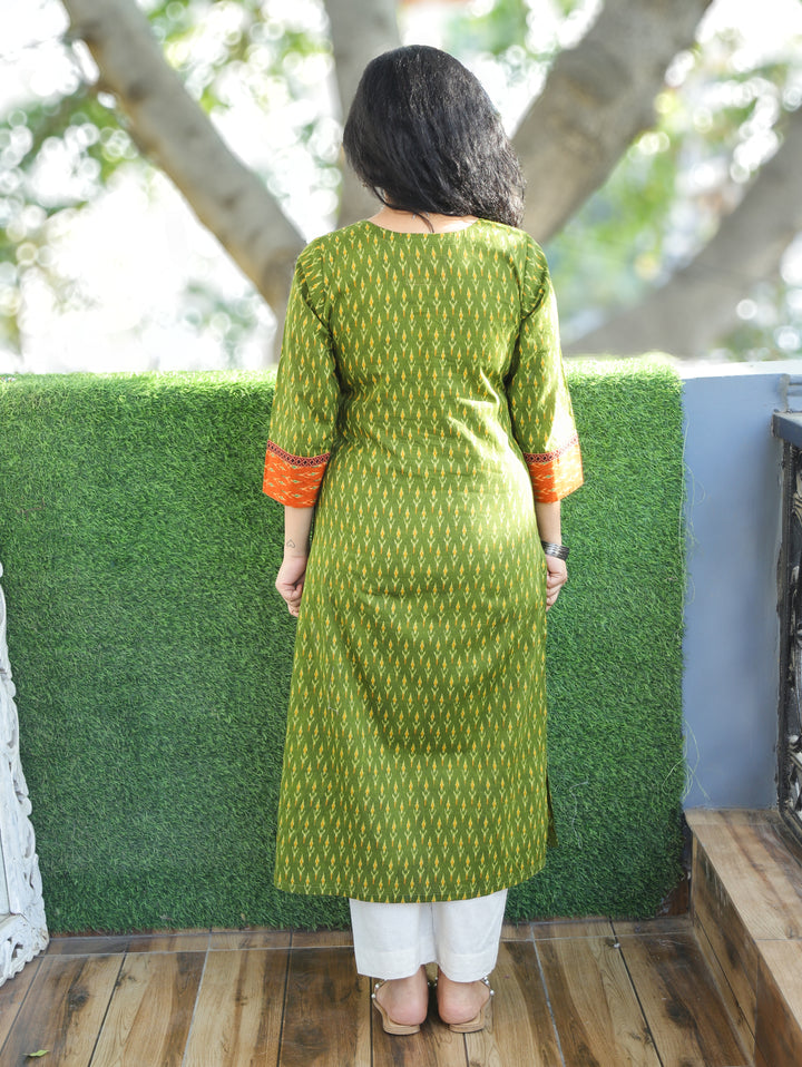 Kesariya Dark Green with Orange Yoke with Mirror Work Ikkat Printed Cotton Kurti D2