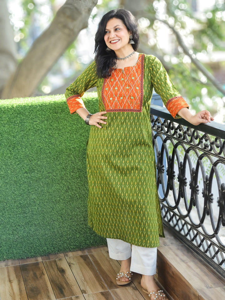 Kesariya Dark Green with Orange Yoke with Mirror Work Ikkat Printed Cotton Kurti D2