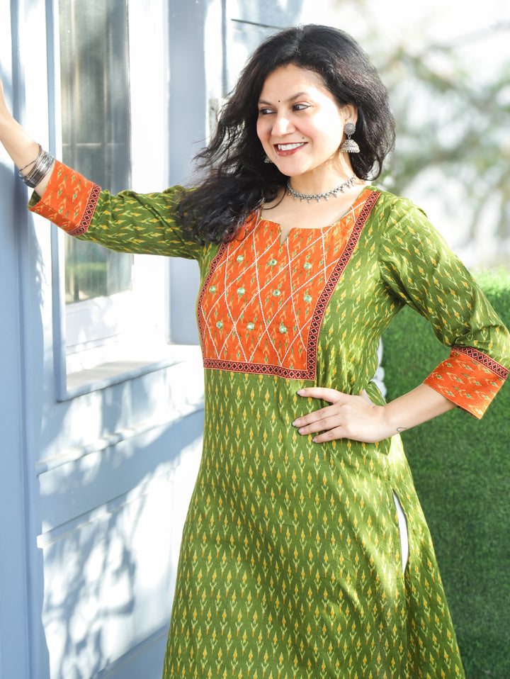 Kesariya Dark Green with Orange Yoke with Mirror Work Ikkat Printed Cotton Kurti D2