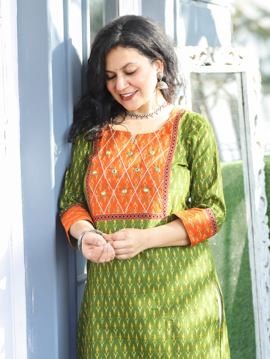 Kesariya Dark Green with Orange Yoke with Mirror Work Ikkat Printed Cotton Kurti D2