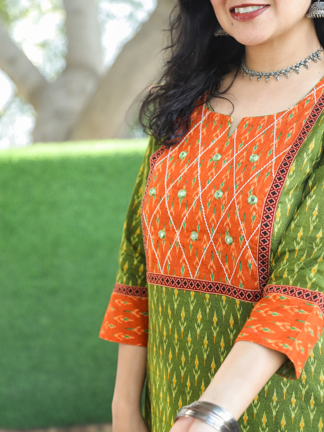 Kesariya Dark Green with Orange Yoke with Mirror Work Ikkat Printed Cotton Kurti D2