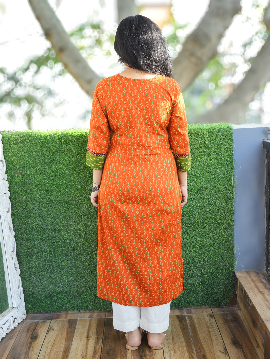 Kesariya Dark Orange with Green Yoke with Mirror Work Ikkat Printed Cotton Kurti D2