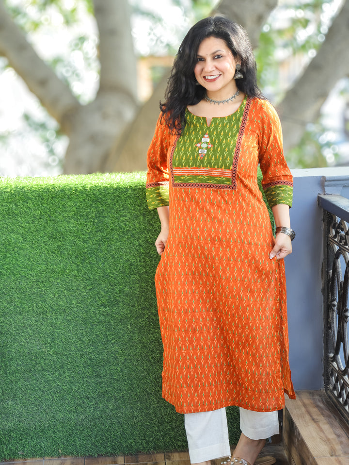 Kesariya Dark Orange with Green Yoke with Mirror Work Ikkat Printed Cotton Kurti D2
