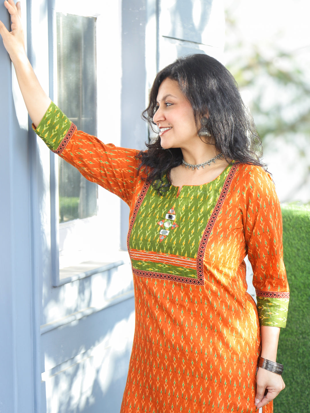 Kesariya Dark Orange with Green Yoke with Mirror Work Ikkat Printed Cotton Kurti D2