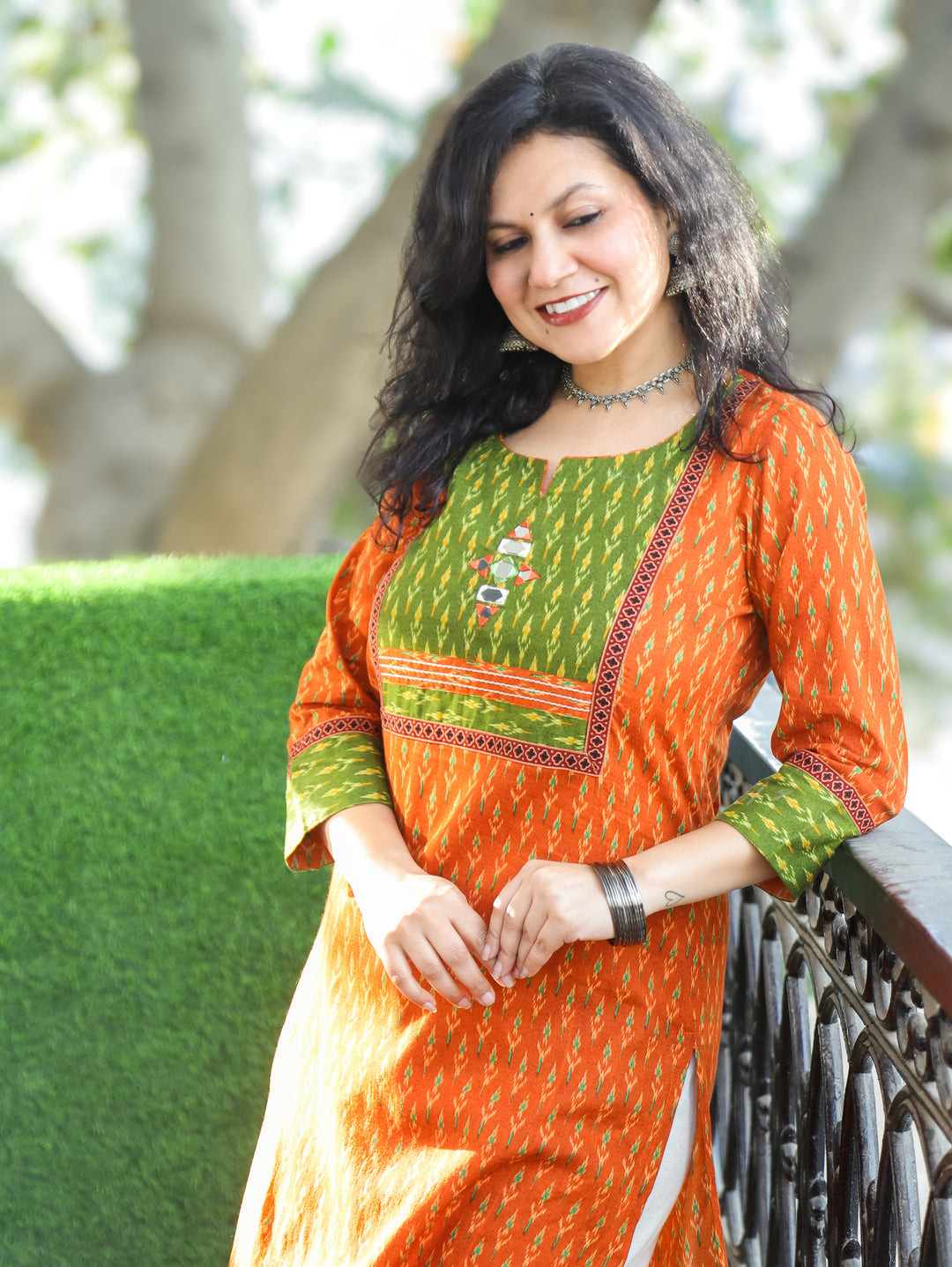 Kesariya Dark Orange with Green Yoke with Mirror Work Ikkat Printed Cotton Kurti D2