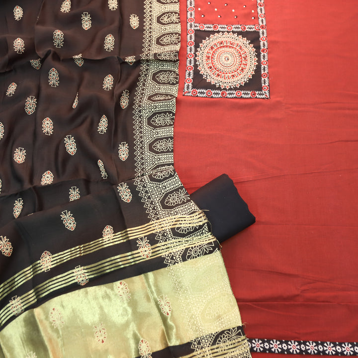 Kakaswi Barn Maroon Ajrakh Patch with Patra Work Cotton Set