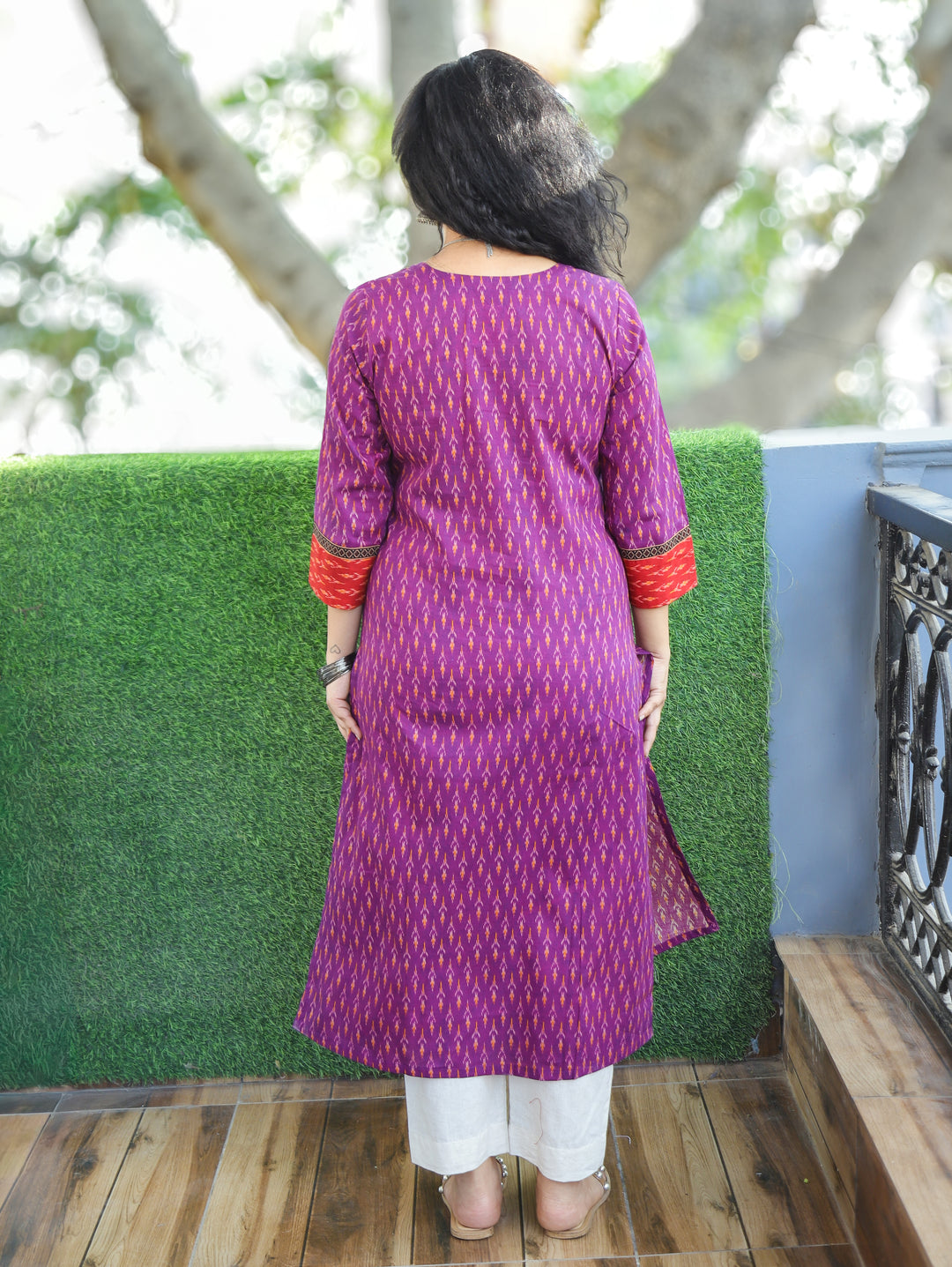 Kesariya Purple with Red Yoke Thread with Mirror Work Ikkat Printed Cotton Kurti D2