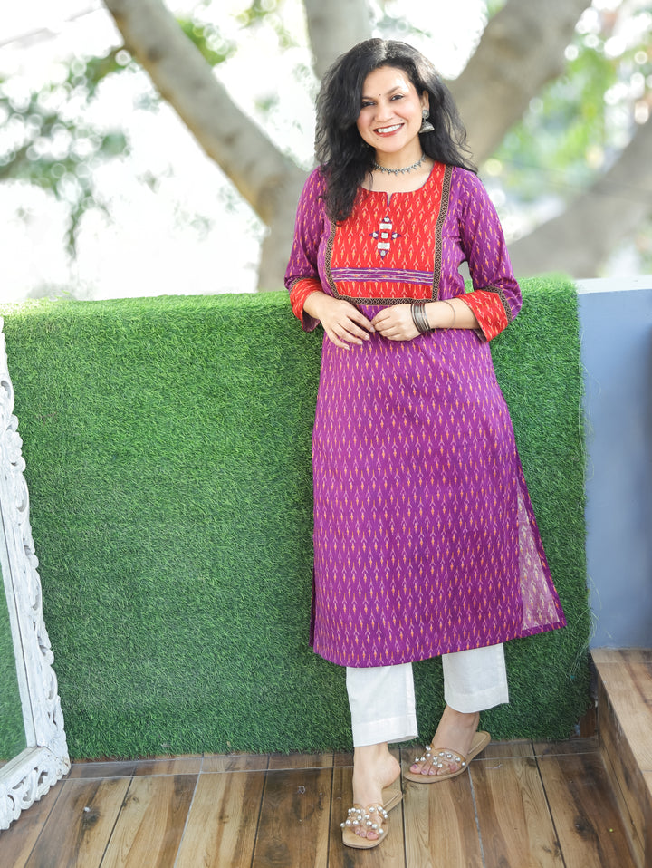 Kesariya Purple with Red Yoke Thread with Mirror Work Ikkat Printed Cotton Kurti D2