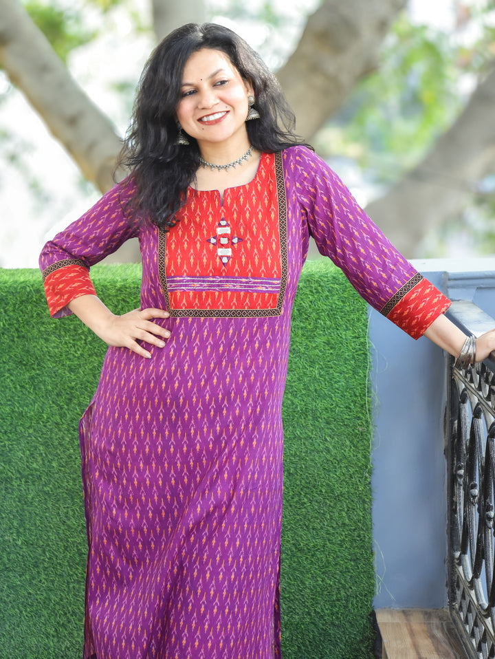 Kesariya Purple with Red Yoke Thread with Mirror Work Ikkat Printed Cotton Kurti D2