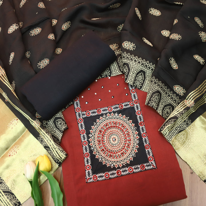 Kakaswi Barn Maroon Ajrakh Patch with Patra Work Cotton Set