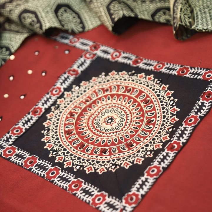 Kakaswi Barn Maroon Ajrakh Patch with Patra Work Cotton Set