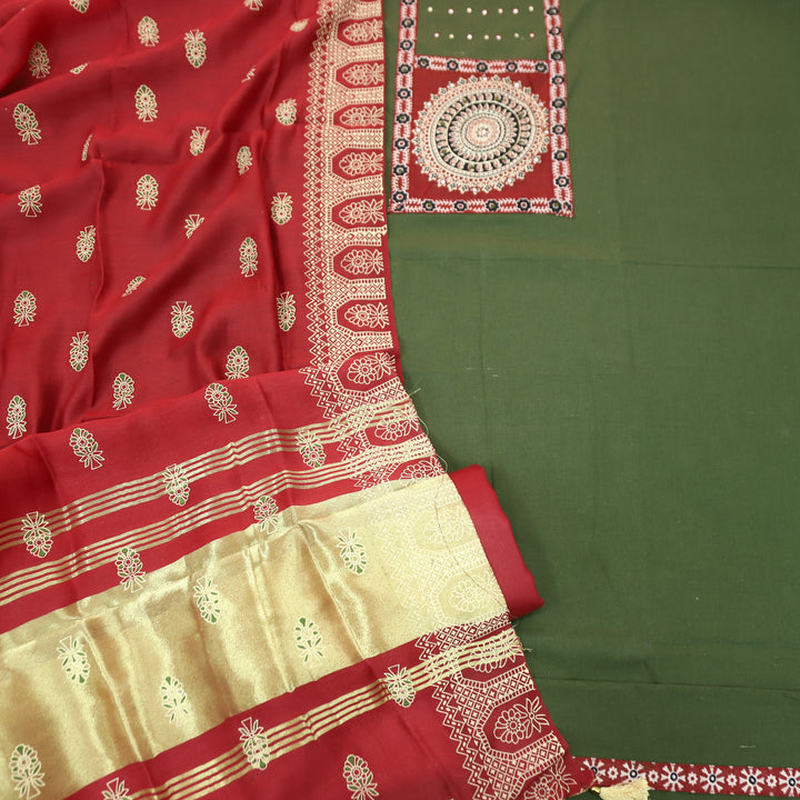 Kakaswi Forest Green Ajrakh Patch with Patra Work Cotton Set