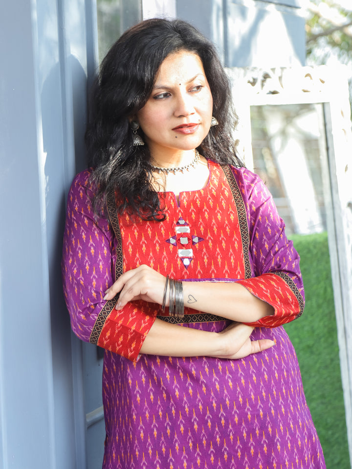 Kesariya Purple with Red Yoke Thread with Mirror Work Ikkat Printed Cotton Kurti D2
