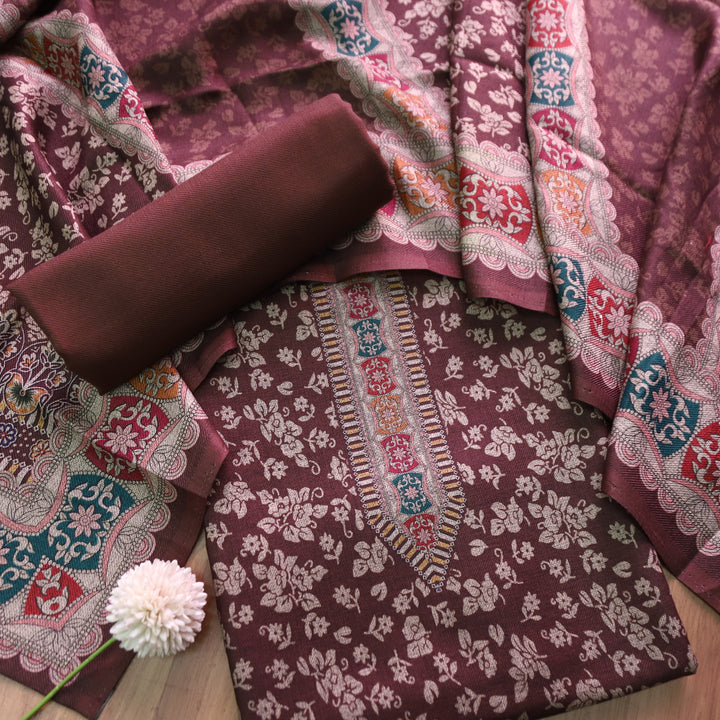रांझा Choco Brown All Over Digital Kanni Printed Semi Pashmina Winter Set