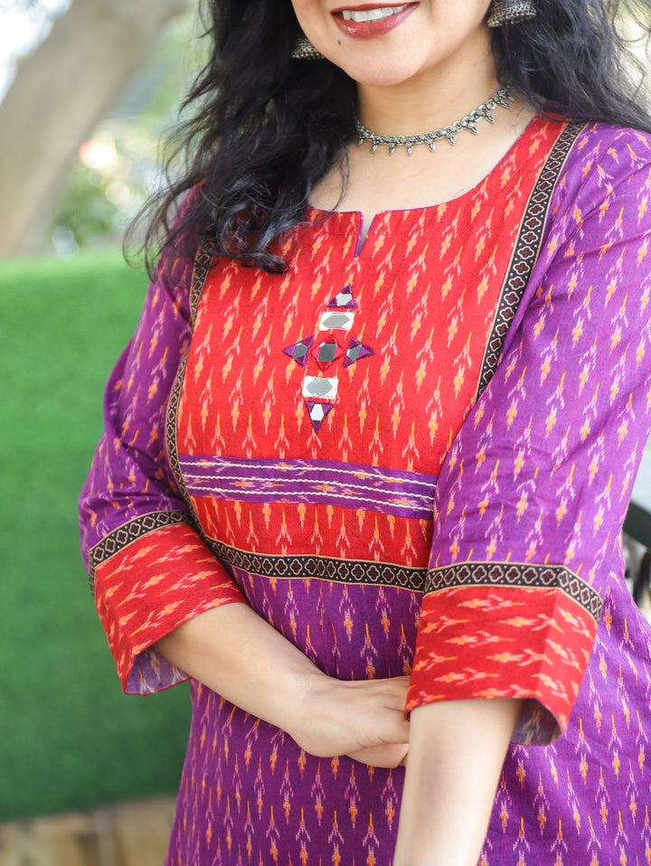 Kesariya Purple with Red Yoke Thread with Mirror Work Ikkat Printed Cotton Kurti D2