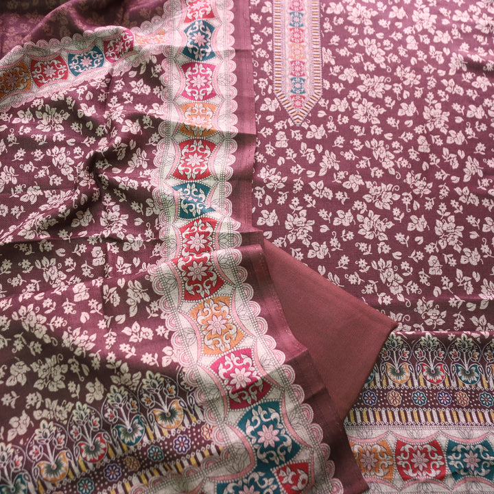 रांझा Choco Brown All Over Digital Kanni Printed Semi Pashmina Winter Set