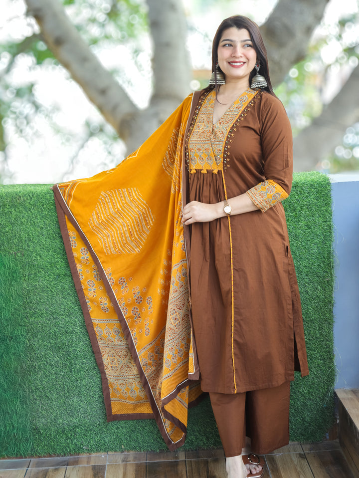 Barsaati Coffee Brown Angrakha Style Yoke with Mirror Detailing Cotton 3 Piece Set