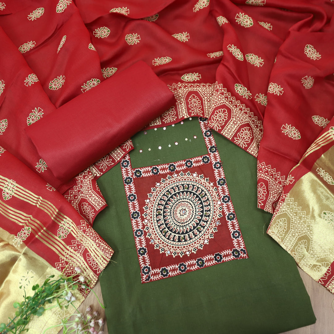 Kakaswi Forest Green Ajrakh Patch with Patra Work Cotton Set