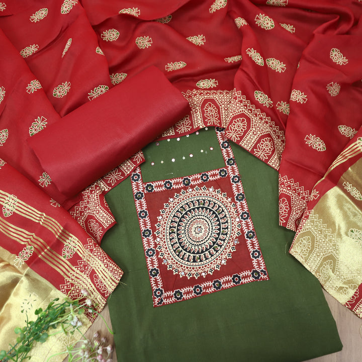 Kakaswi Forest Green Ajrakh Patch with Patra Work Cotton Set