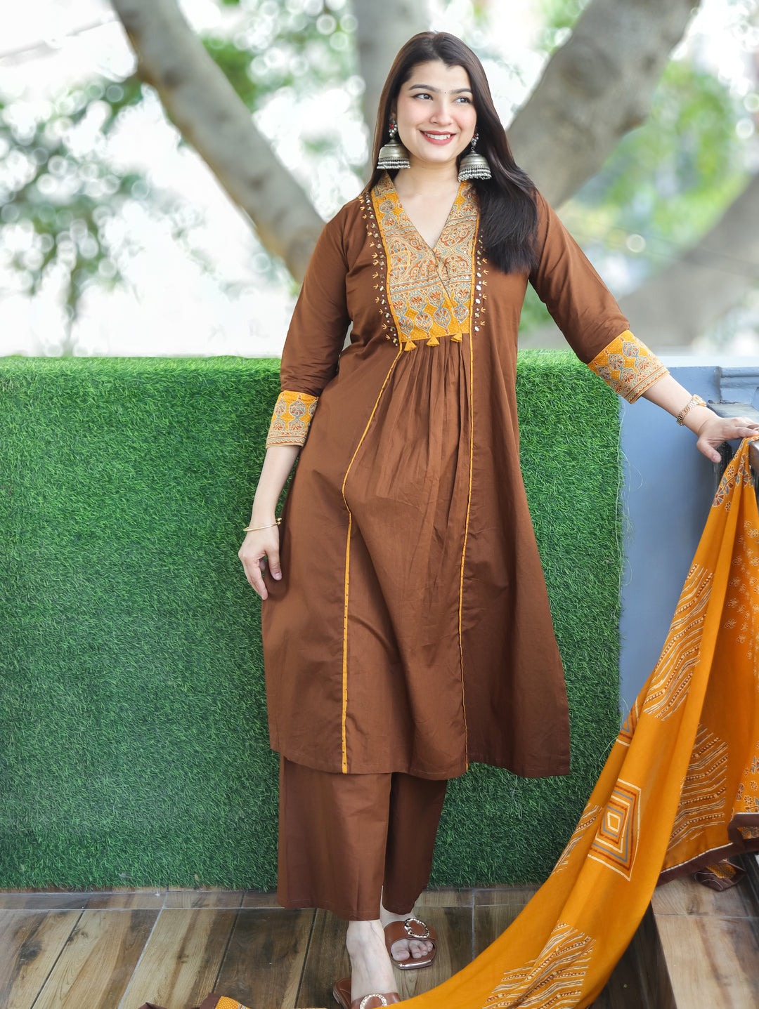 Barsaati Coffee Brown Angrakha Style Yoke with Mirror Detailing Cotton 3 Piece Set