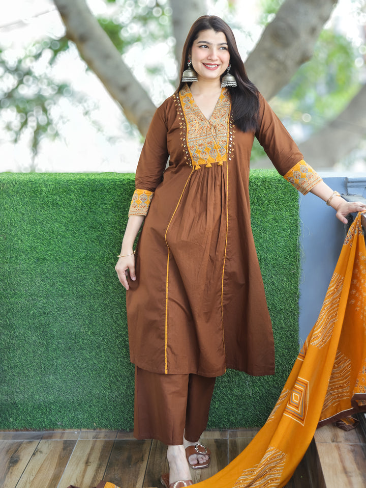 Barsaati Coffee Brown Angrakha Style Yoke with Mirror Detailing Cotton 3 Piece Set