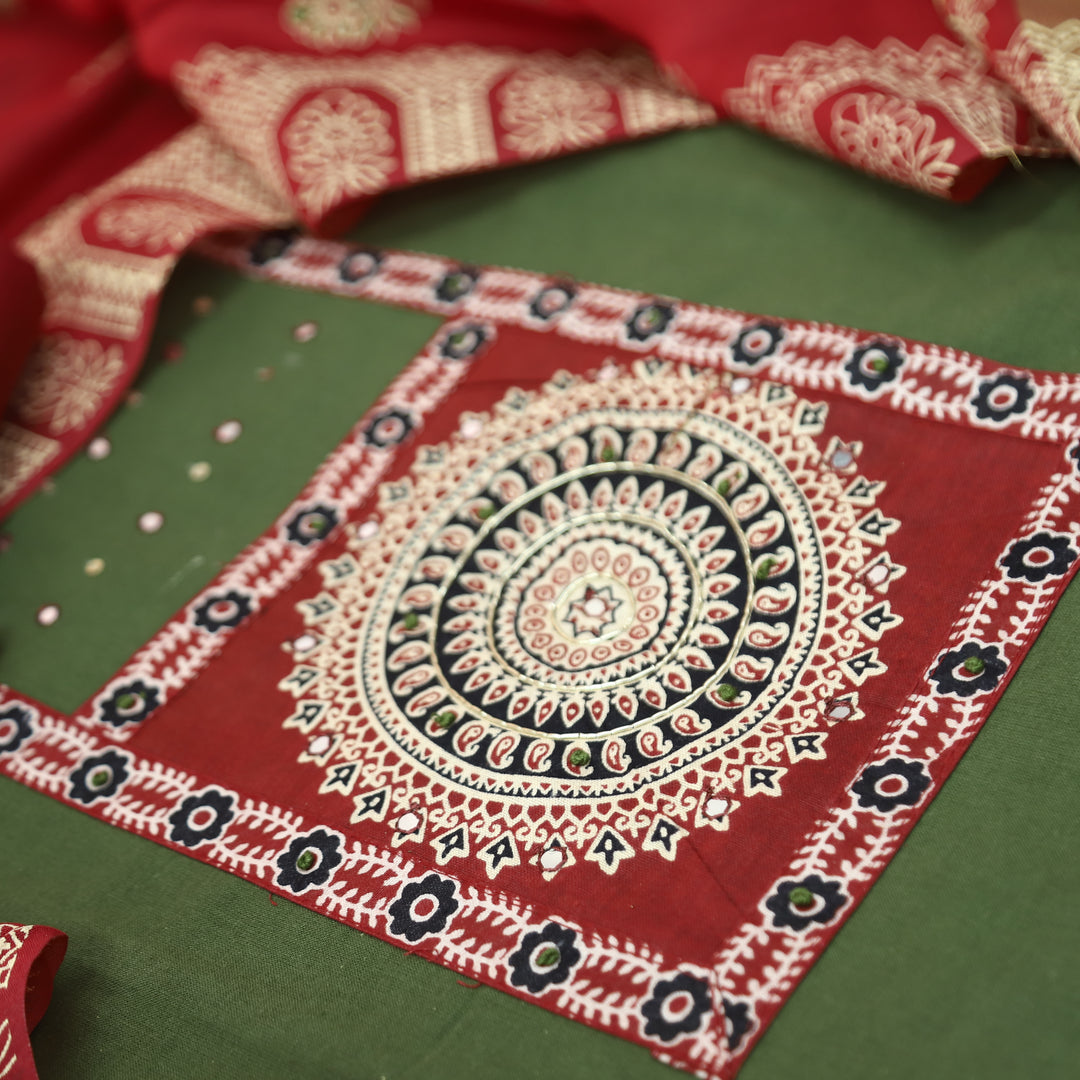 Kakaswi Forest Green Ajrakh Patch with Patra Work Cotton Set