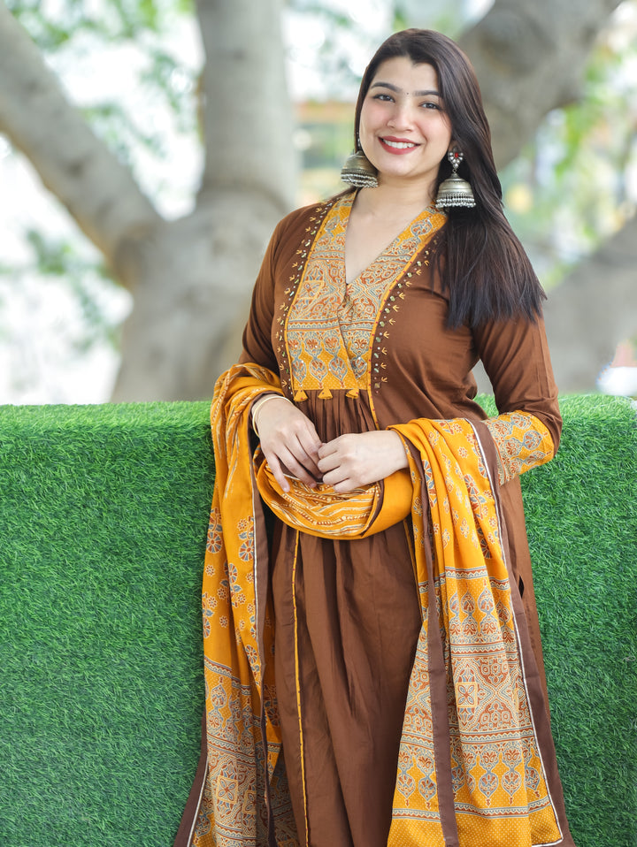 Barsaati Coffee Brown Angrakha Style Yoke with Mirror Detailing Cotton 3 Piece Set
