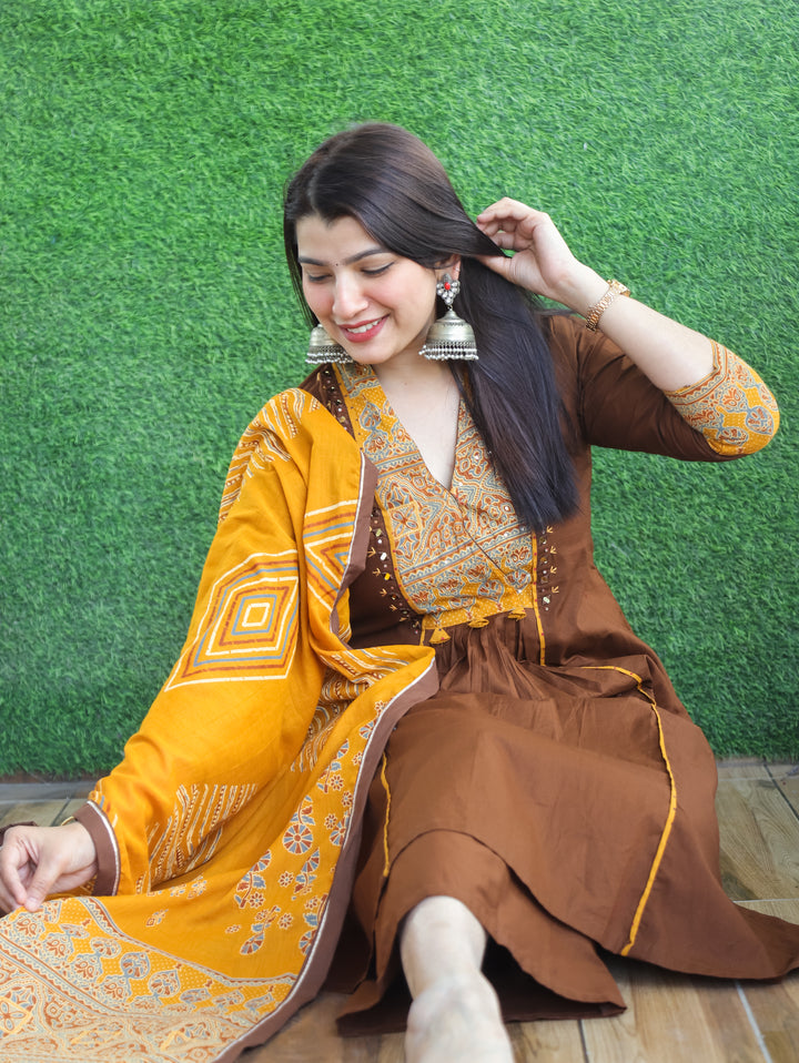 Barsaati Coffee Brown Angrakha Style Yoke with Mirror Detailing Cotton 3 Piece Set