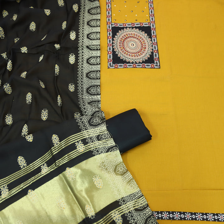 Kakaswi Beetle Yellow Ajrakh Patch with Patra Work Cotton Set
