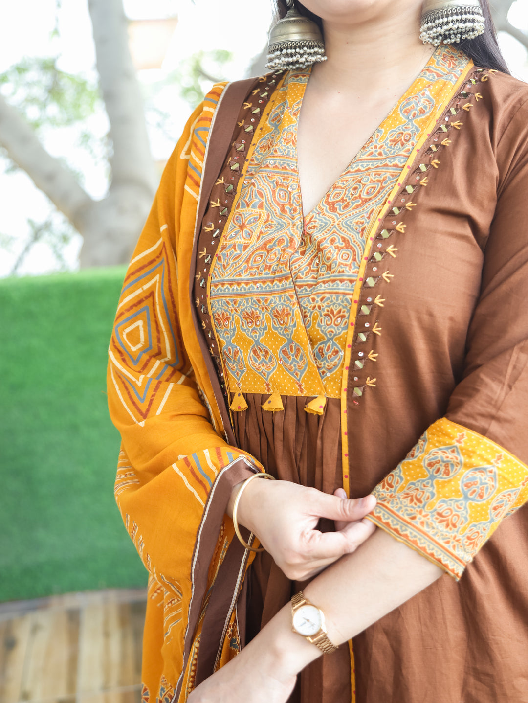 Barsaati Coffee Brown Angrakha Style Yoke with Mirror Detailing Cotton 3 Piece Set