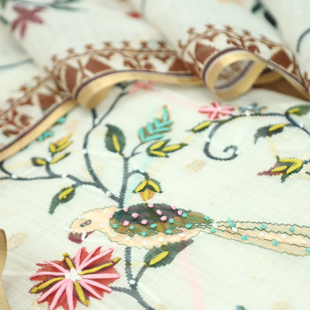 Roshni Cream White in Floral and Bird Printed with Thread Work Kota Doriya Set