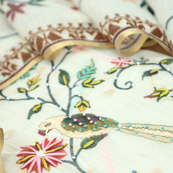 Roshni Cream White in Floral and Bird Printed with Thread Work Kota Doriya Set