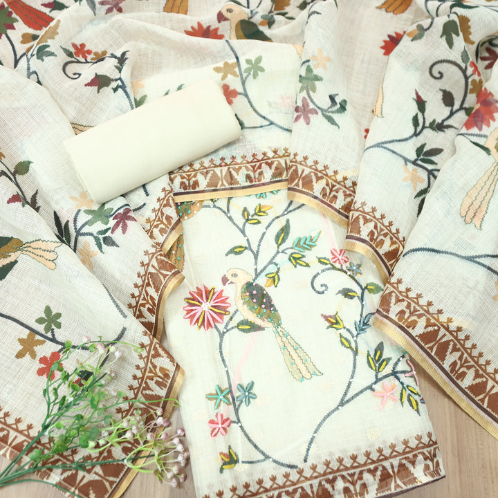 Roshni Cream White in Floral and Bird Printed with Thread Work Kota Doriya Set