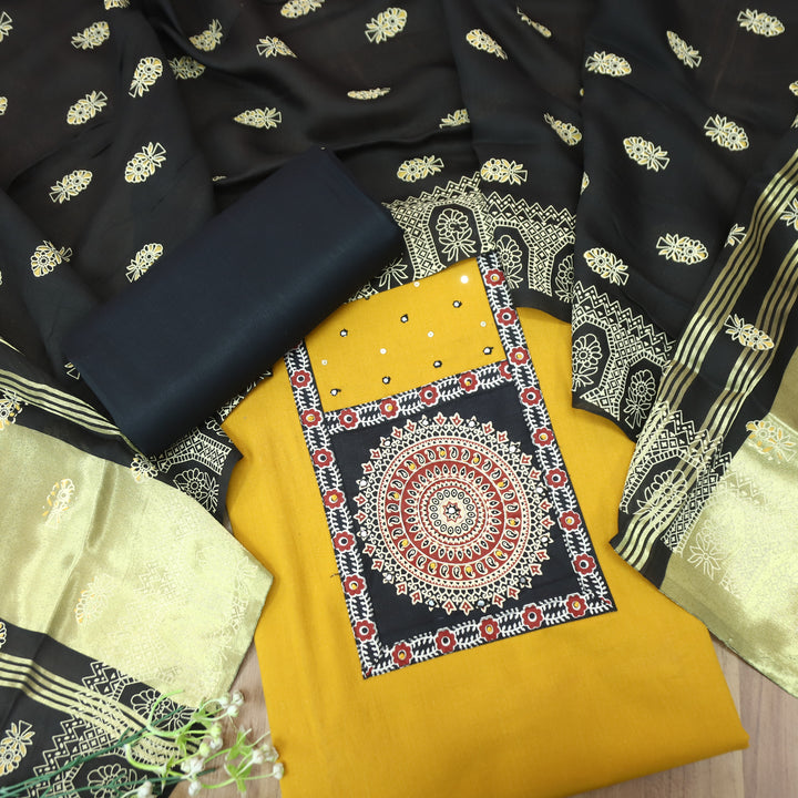 Kakaswi Beetle Yellow Ajrakh Patch with Patra Work Cotton Set