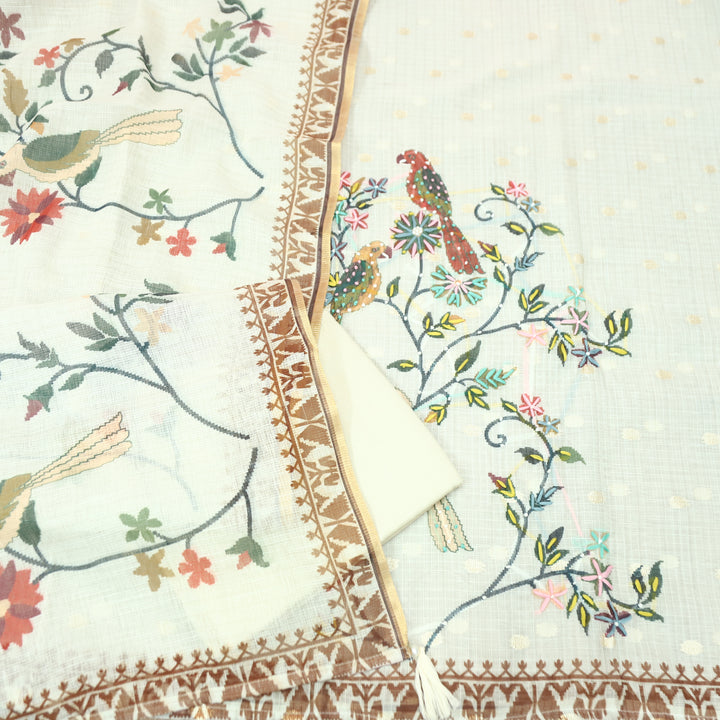 Roshni Cream White in Floral and Bird Printed with Thread Work Kota Doriya Set