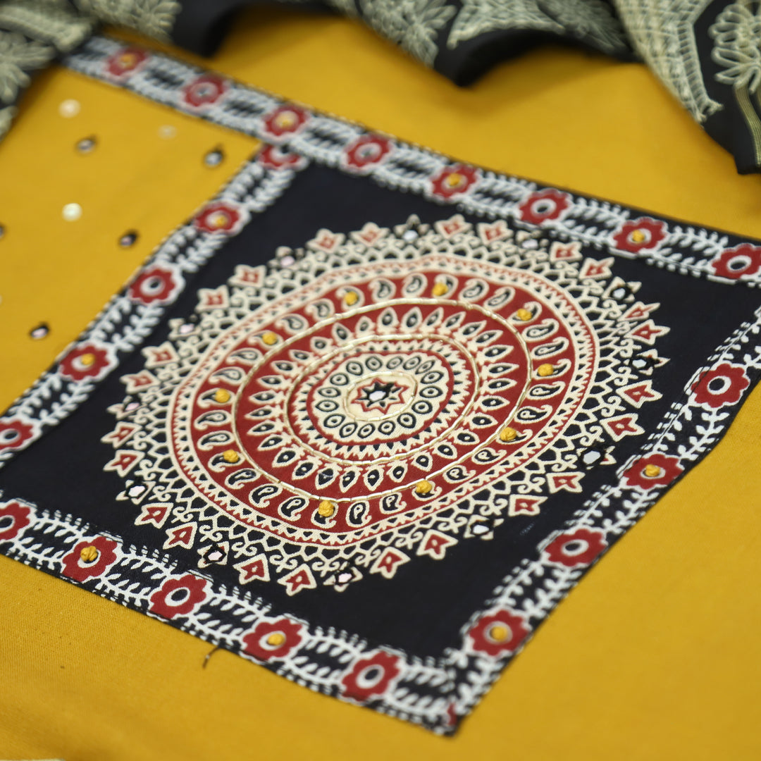 Kakaswi Beetle Yellow Ajrakh Patch with Patra Work Cotton Set