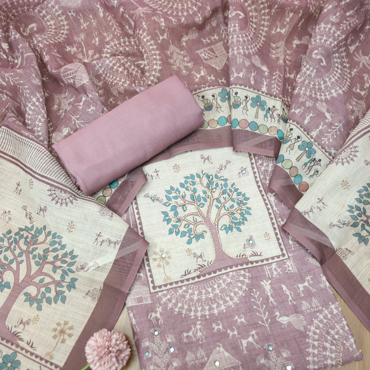 Rangoli Helio Mauve Moti Work Tree Print Yoke in Verli Printed Cotton Linen Set