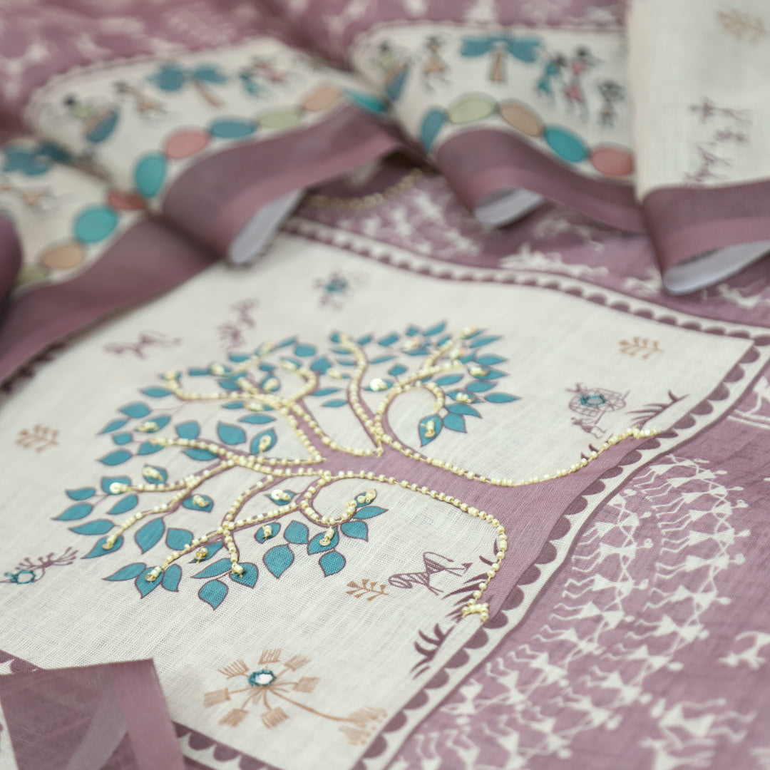 Rangoli Helio Mauve Moti Work Tree Print Yoke in Verli Printed Cotton Linen Set