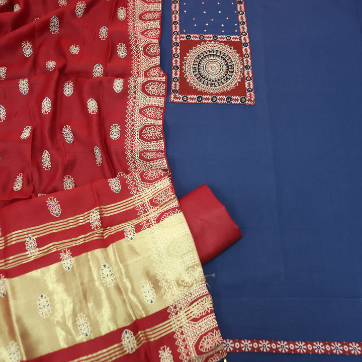 Kakaswi Denim Blue Ajrakh Patch with Patra Work Cotton Set