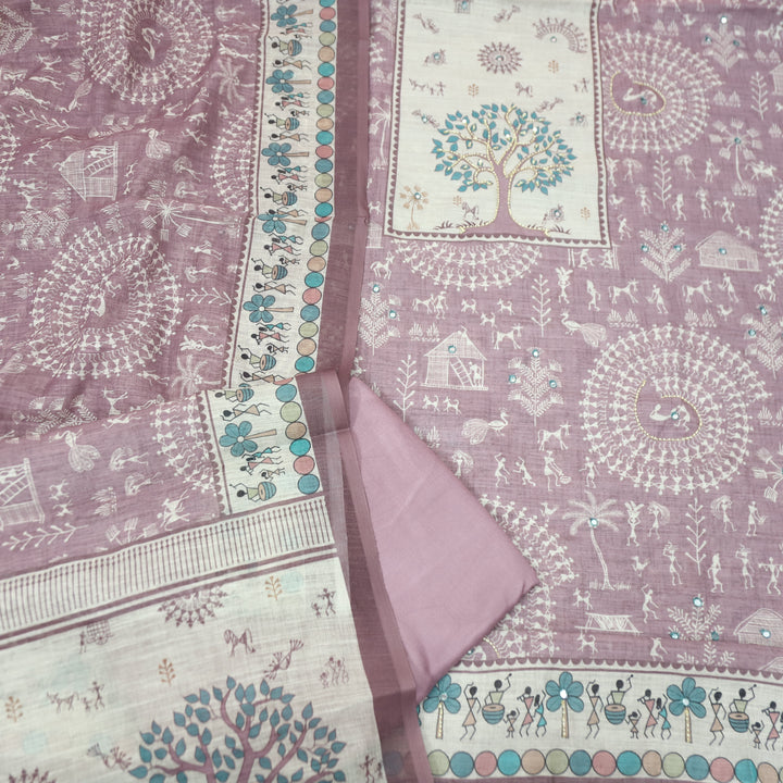 Rangoli Helio Mauve Moti Work Tree Print Yoke in Verli Printed Cotton Linen Set